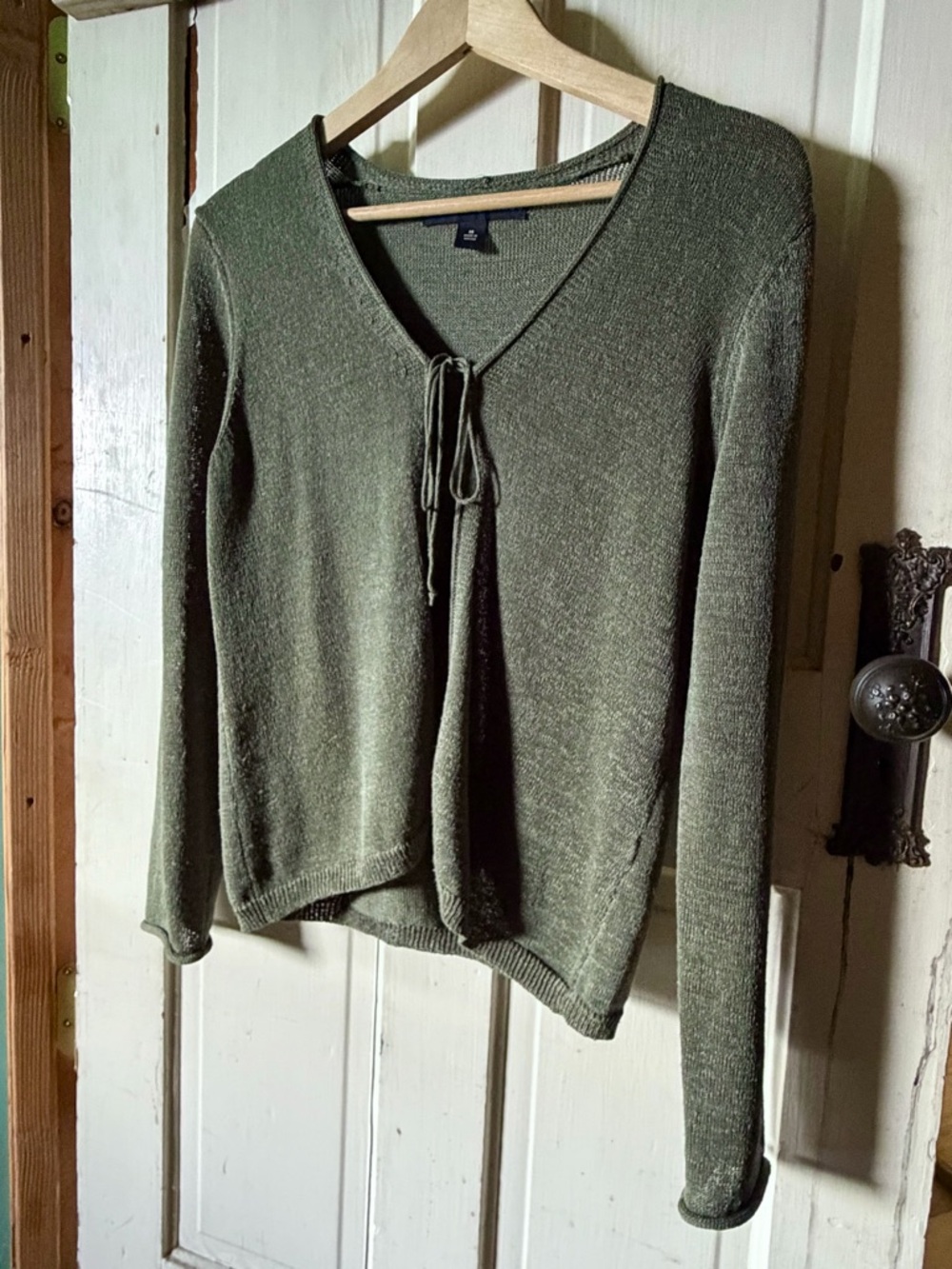 Olive Green Tie Front Cardigan Lightweight Knit Boho Minimalist Size M
